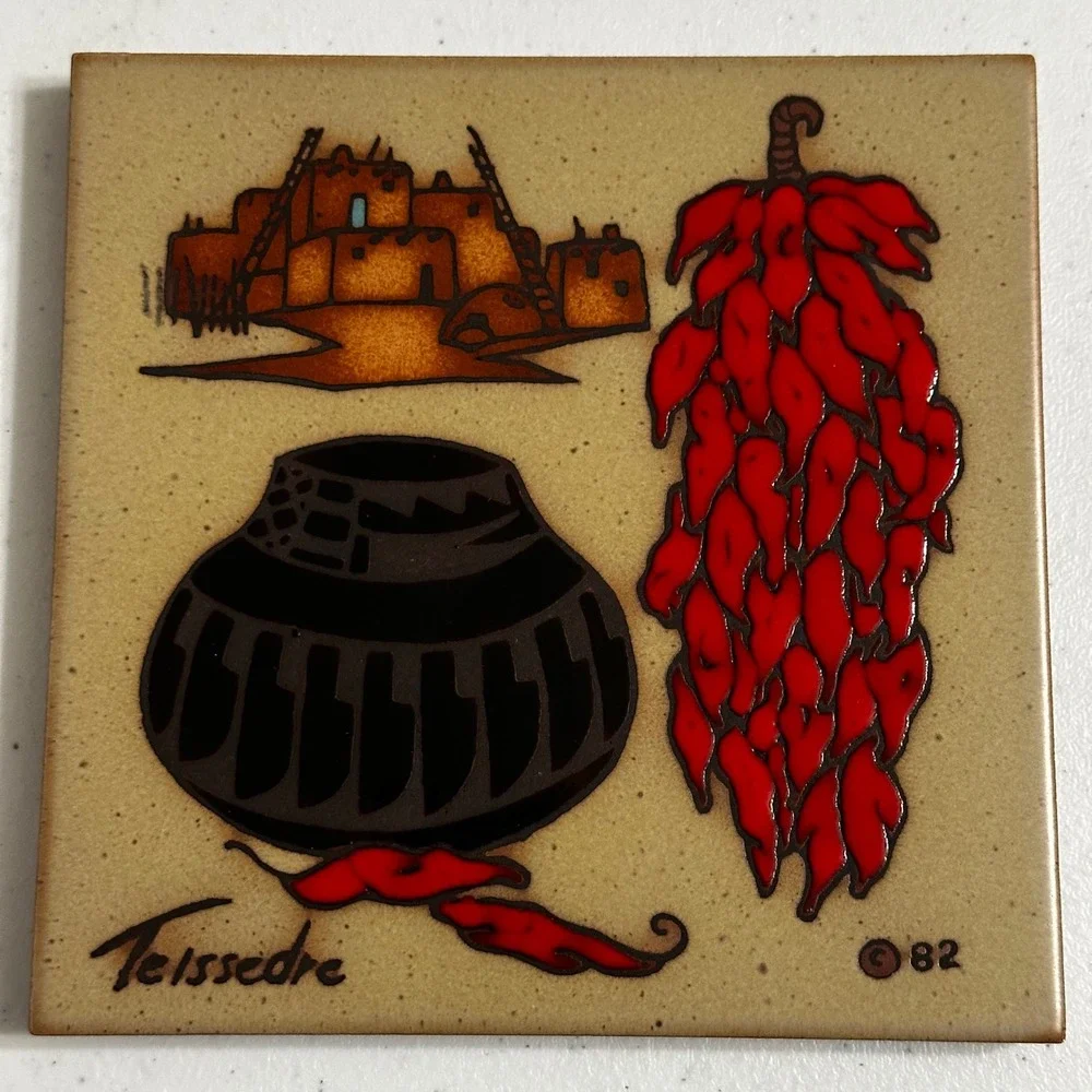 Vintage 1982 Cleo Teissedre Signed Art Tile Pueblo Chili‎ Ristra Pottery 6x6
